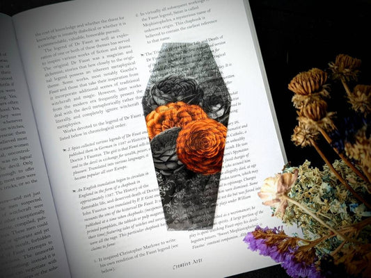 Clear Bookmark Orange and Black Floral Flowers Bouquet Coffin Goth Gothic Halloween Horror Creepy Oddities