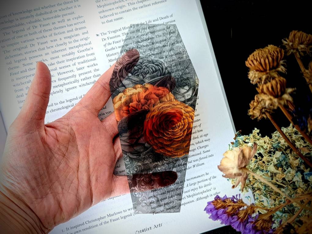 Clear Bookmark Orange and Black Floral Flowers Bouquet Coffin Goth Gothic Halloween Horror Creepy Oddities