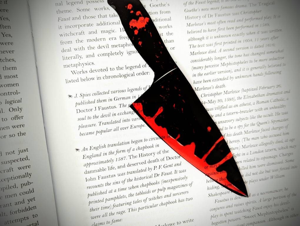 Clear Bookmark Bloody Kitchen Knife True Crime Killer Blood Splatter Goth Gothic Halloween Horror Creepy Oddities Handmade Artist