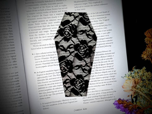 Clear Bookmark Black Floral Lace Coffin Goth Gothic Halloween Horror Dark Academia Creepy Oddities Handmade Artist Book Reader Lover Gift