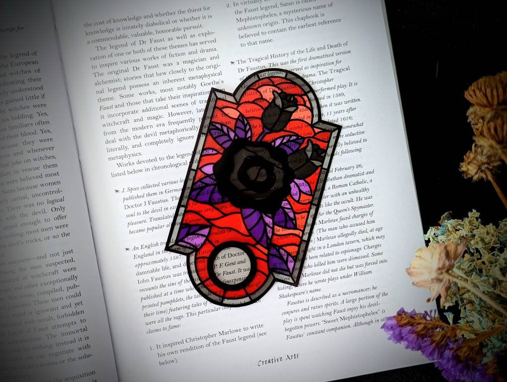 Clear Bookmark Black Rose Flower Stained Glass Mosaic Goth Gothic Halloween Horror Creepy Weird Punk Art