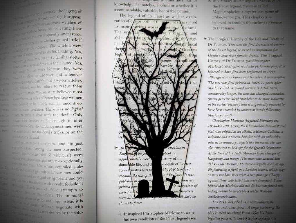 Clear Bookmark Bats Dead Tree Gravestones Tombstones Cemetery Coffin Goth Gothic Halloween Horror Creepy Oddities Unique Dark Weird