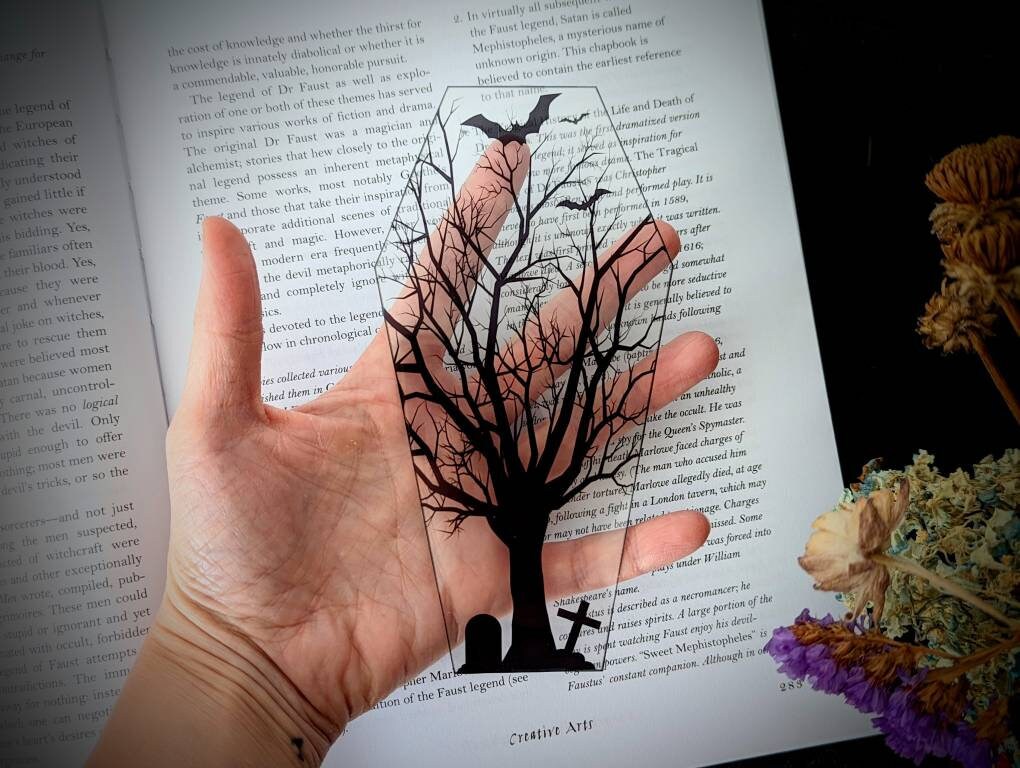 Clear Bookmark Bats Dead Tree Gravestones Tombstones Cemetery Coffin Goth Gothic Halloween Horror Creepy Oddities Unique Dark Weird