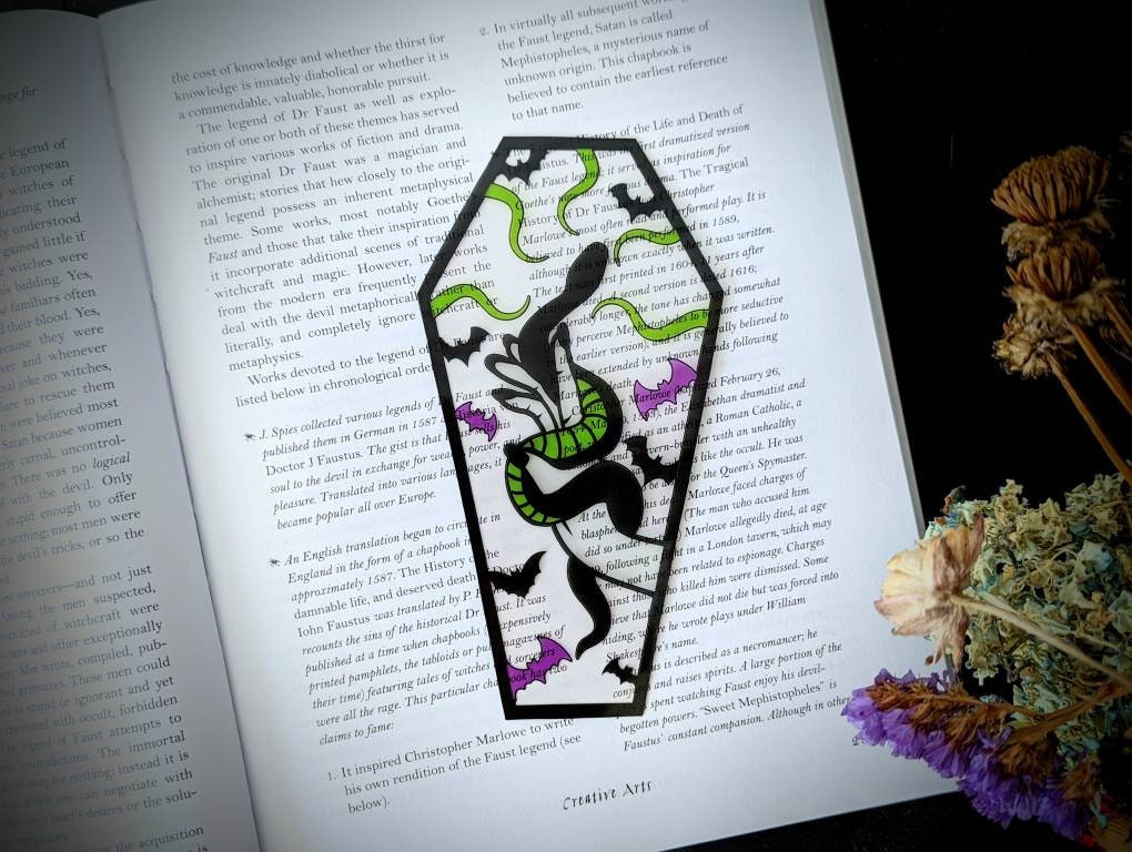 Clear Bookmark Hand Holding Snake Bats Tentacles Witch Coffin Goth Gothic Halloween Horror Creepy Oddities Weird Dark Art