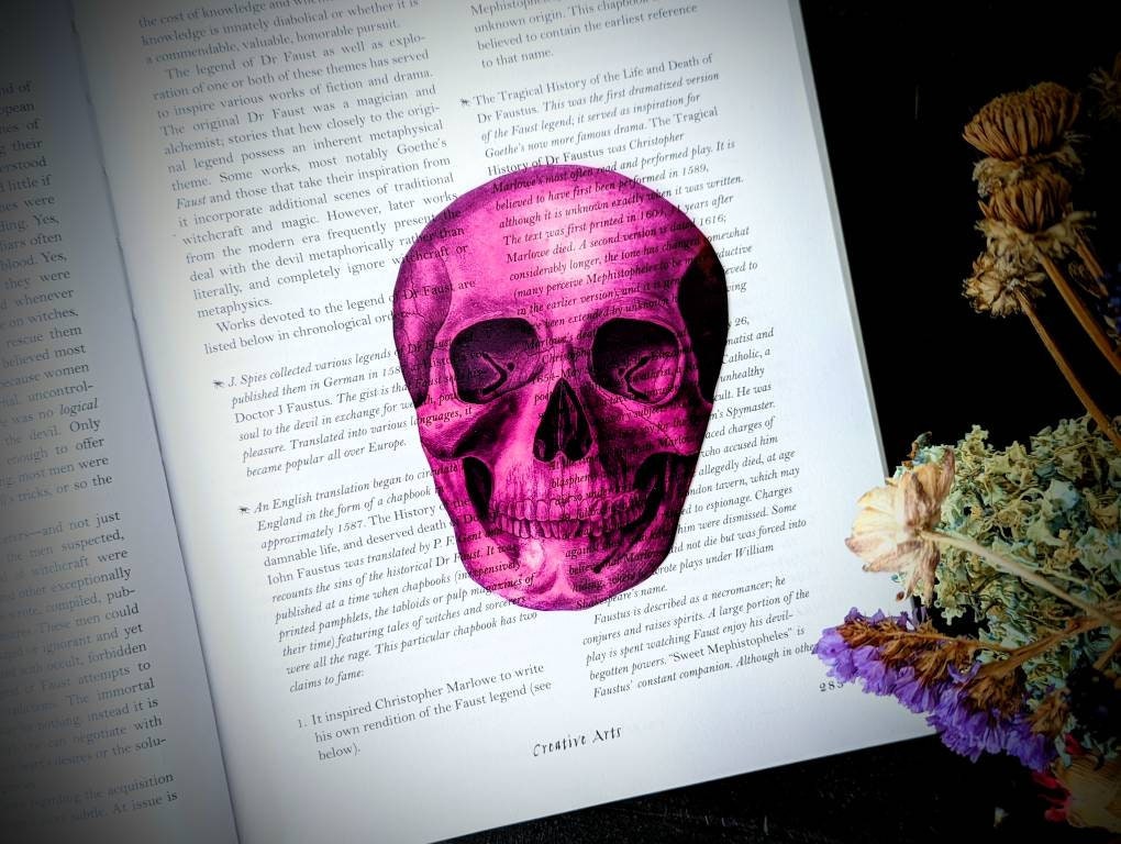 Pink Skull Clear Bookmark Skeleton Goth Gothic Halloween Horror Creepy Spooky Anatomy Oddities