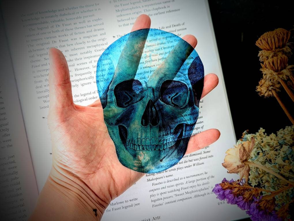 Clear Bookmark Blue Skull Skeleton Goth Gothic Halloween Horror Creepy Spooky Anatomy Oddities