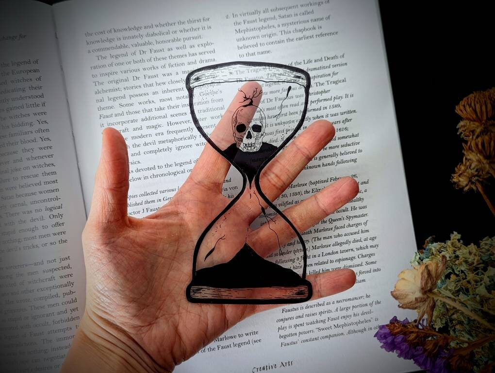 Clear Bookmark Skull Death Skeleton Hourglass Time Goth Gothic Halloween Horror Creepy Oddities Unique Dark Academia Book Reader Lover Gift