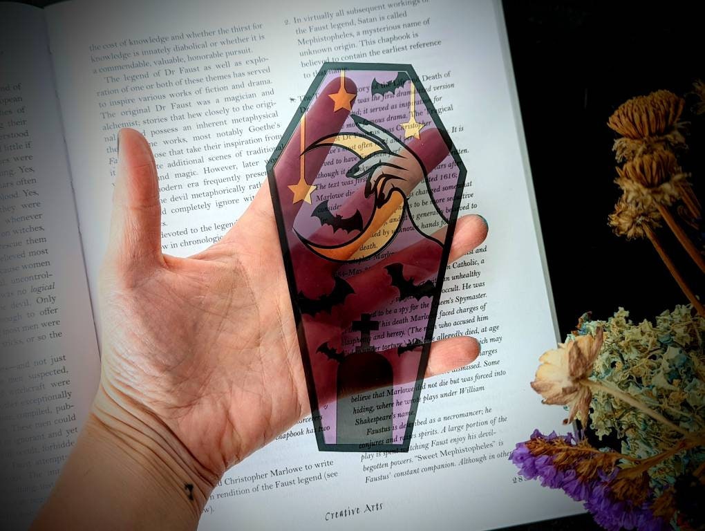 Clear Bookmark Hand Holding Moon Bats Tombstone Witch Coffin Goth Gothic Halloween Horror Creepy Oddities