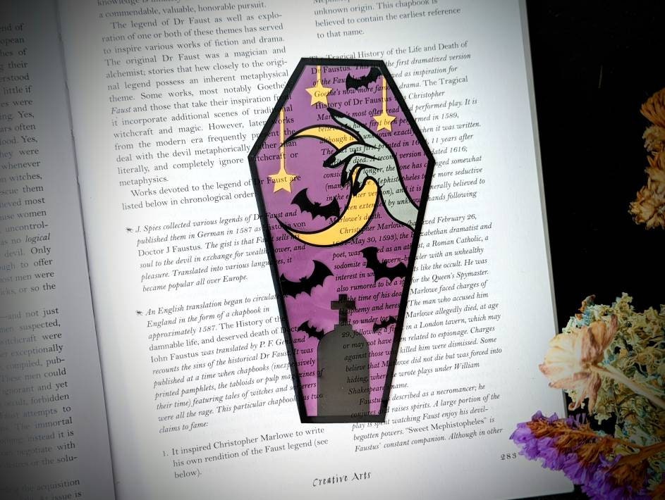 Clear Bookmark Hand Holding Moon Bats Tombstone Witch Coffin Goth Gothic Halloween Horror Creepy Oddities