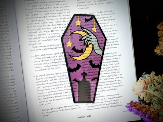 Clear Bookmark Hand Holding Moon Bats Tombstone Witch Coffin Goth Gothic Halloween Horror Creepy Oddities