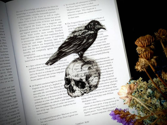 Clear Bookmark Raven Crow Corvus Human Skull Goth Gothic Halloween Horror Dark Academia Handmade Artist Book Reader Lover Gift