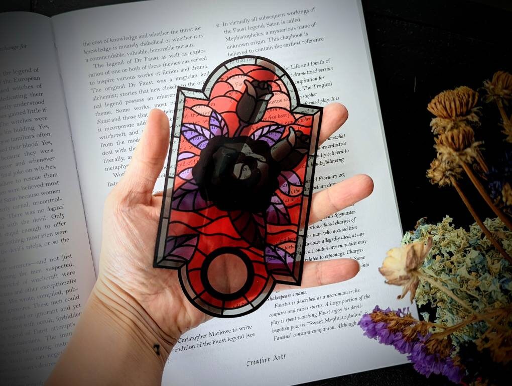 Clear Bookmark Black Rose Flower Stained Glass Mosaic Goth Gothic Halloween Horror Creepy Weird Punk Art