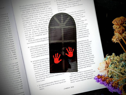 Clear Bookmark Bloody Hands Window Goth Gothic Halloween Horror Creepy Oddities True Crime Dark Weird Art