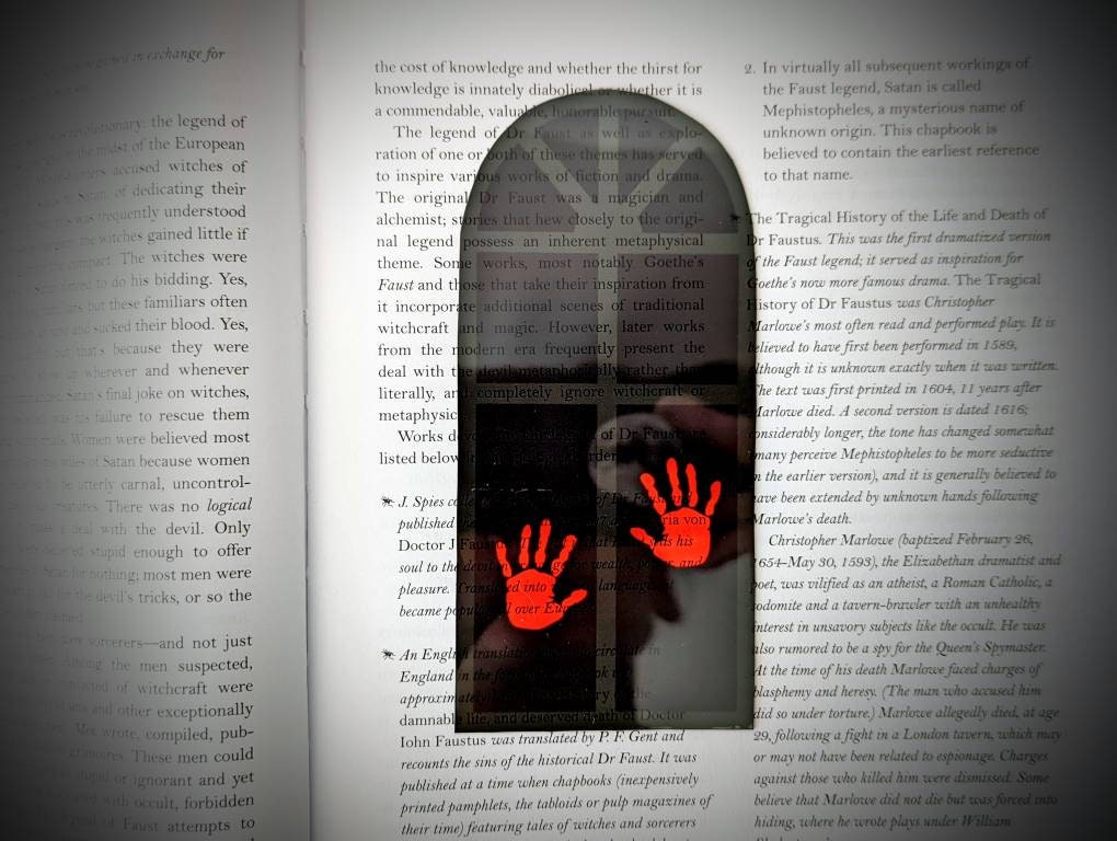 Clear Bookmark Bloody Hands Window Goth Gothic Halloween Horror Creepy Oddities True Crime Dark Weird Art