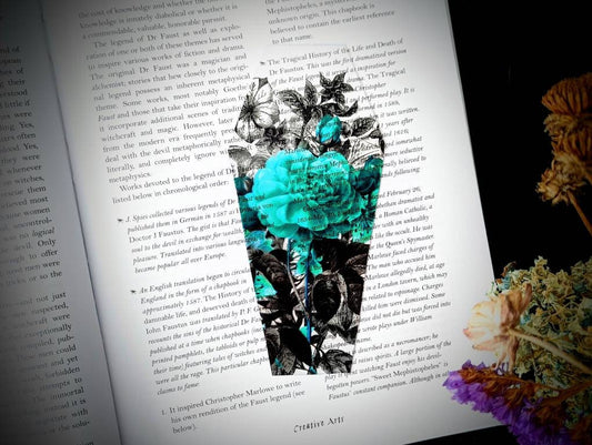 Clear Bookmark Teal Floral Flowers Bouquet Coffin Goth Gothic Halloween Horror Creepy Dark Academia Baroque Victorian Book Reader Lover Gift