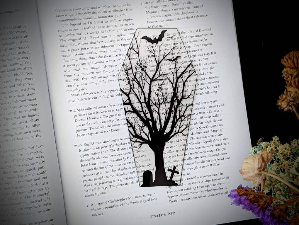 Clear Bookmark Bats Dead Tree Gravestones Tombstones Cemetery Coffin Goth Gothic Halloween Horror Creepy Oddities Unique Dark Weird