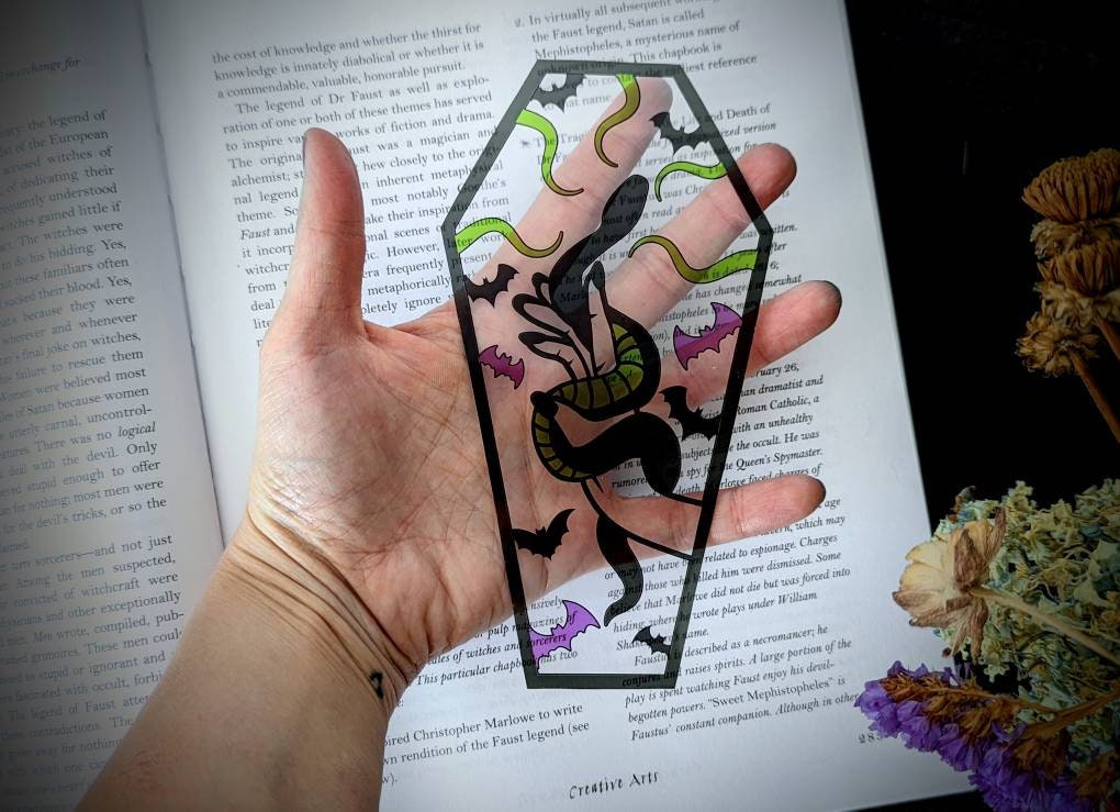 Clear Bookmark Hand Holding Snake Bats Tentacles Witch Coffin Goth Gothic Halloween Horror Creepy Oddities Weird Dark Art