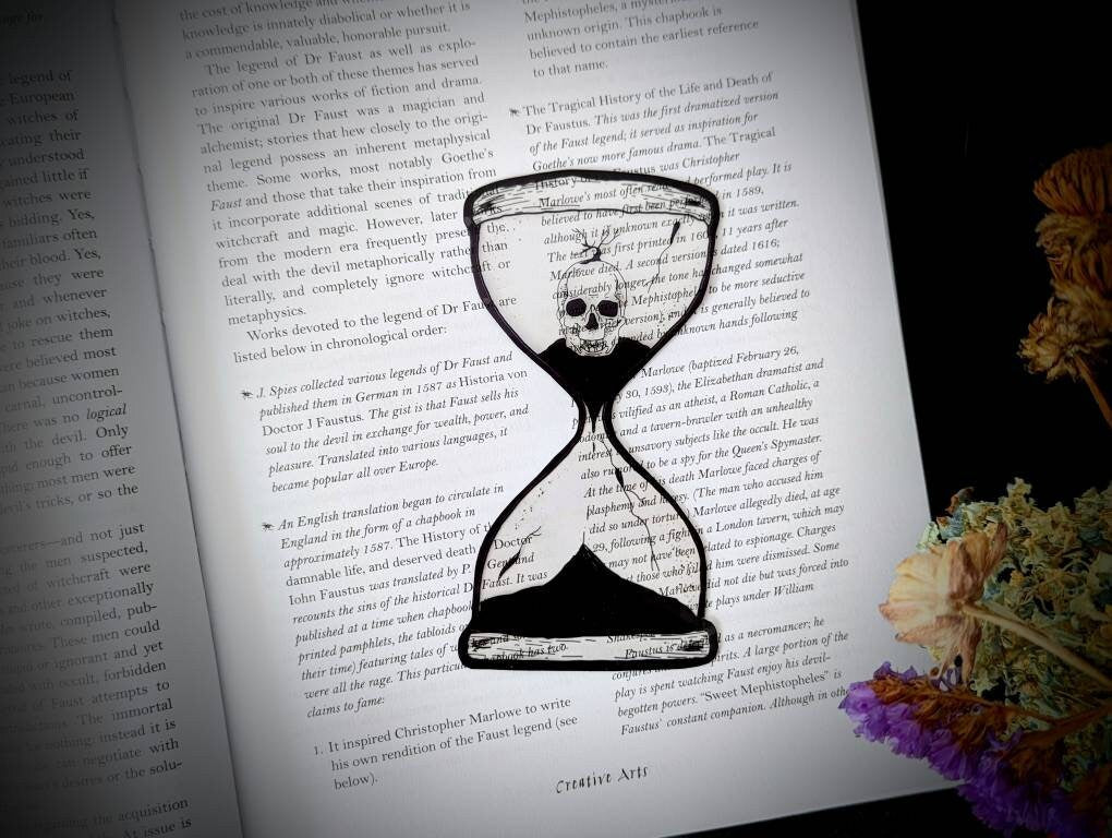 Clear Bookmark Skull Death Skeleton Hourglass Time Goth Gothic Halloween Horror Creepy Oddities Unique Dark Academia Book Reader Lover Gift