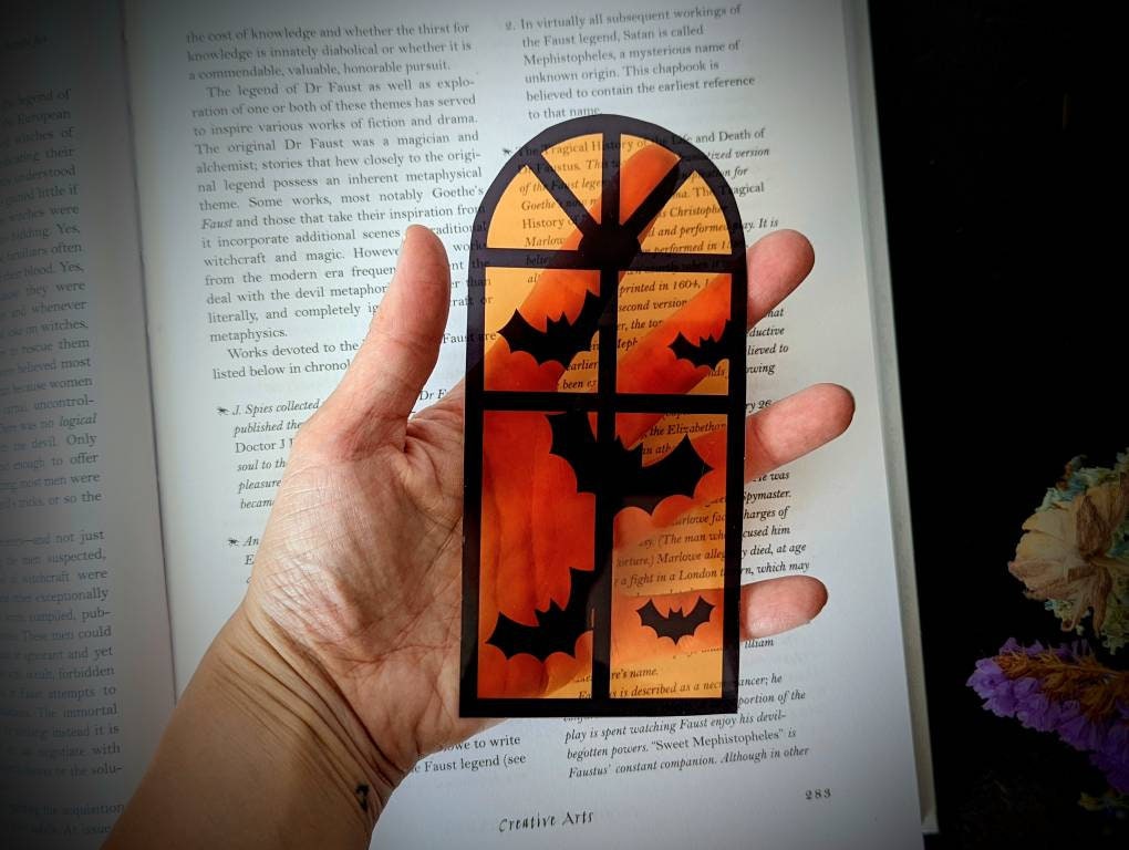 Orange Halloween Window Bats Clear Bookmark Goth Gothic Halloween Horror Creepy Oddities