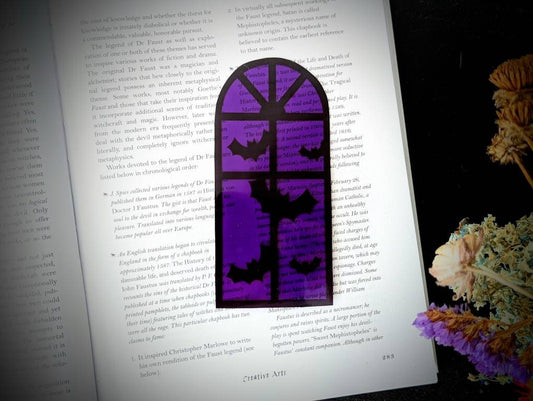 Purple Halloween Window Bats Clear Bookmark Goth Gothic Halloween Horror Creepy Oddities