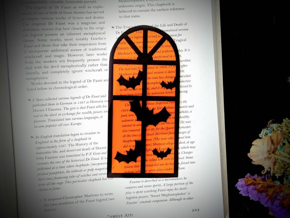 Orange Halloween Window Bats Clear Bookmark Goth Gothic Halloween Horror Creepy Oddities