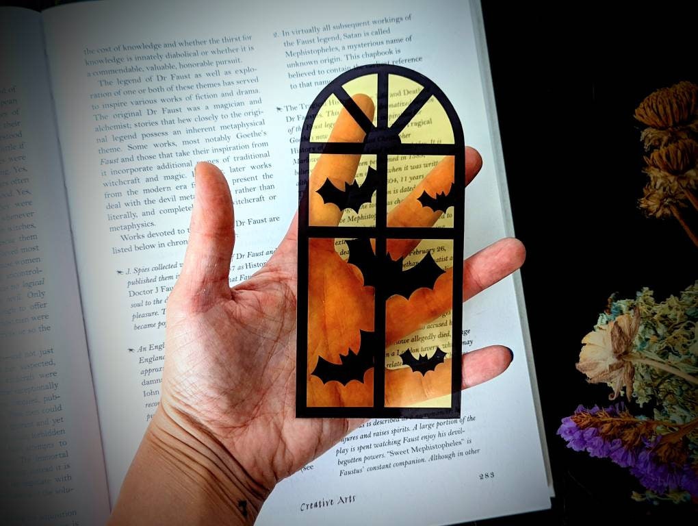 Yellow Halloween Window Bats Clear Bookmark Goth Gothic Halloween Horror Creepy Oddities