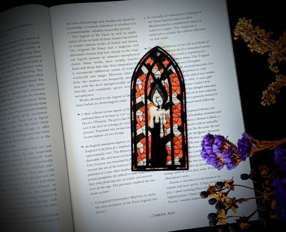 Clear Bookmark Black Flame Candle Stained Glass Goth Gothic Halloween Horror Creepy Oddities Witch Witchcraft Orange