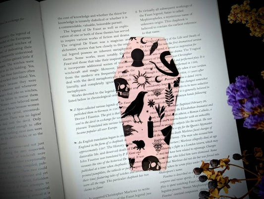 Clear Bookmark Coffin Witch Familiars Witchcraft Symbols Tools Pink Mystical Goth Gothic Halloween Horror Creepy Oddities