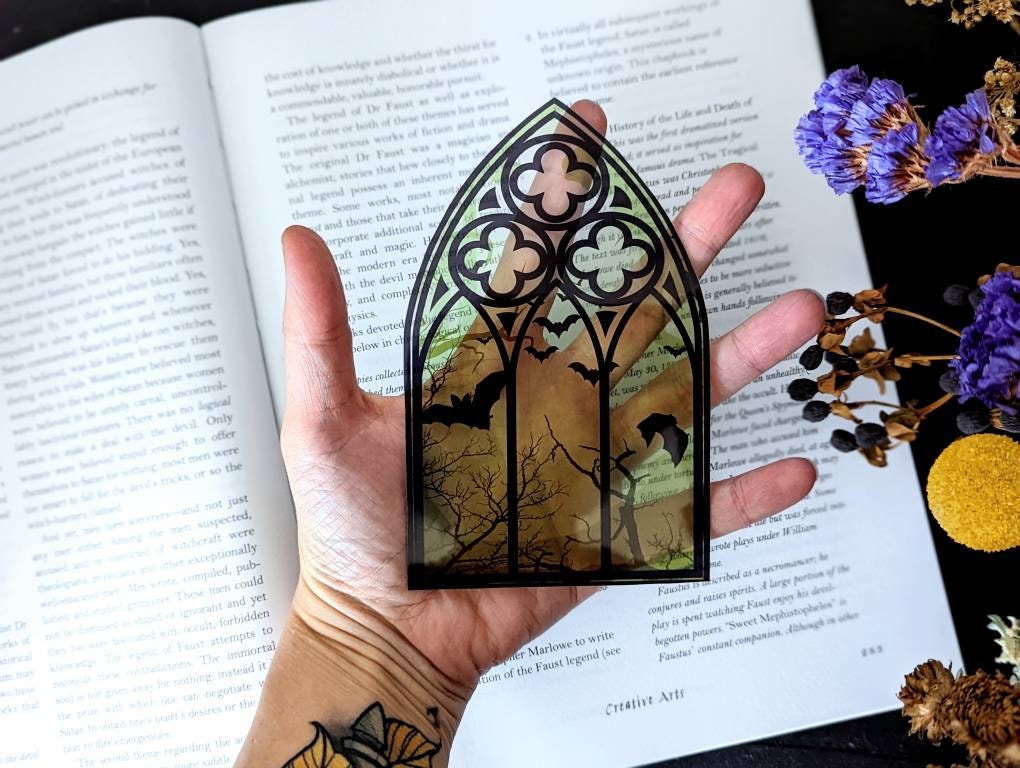 Clear Bookmark Cathedral Church Window Night Scene Bats Flying Forest Woods Green Yellow Eerie Goth Gothic Halloween Horror Creepy Oddities