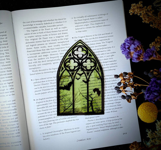 Clear Bookmark Cathedral Church Window Night Scene Bats Flying Forest Woods Green Yellow Eerie Goth Gothic Halloween Horror Creepy Oddities