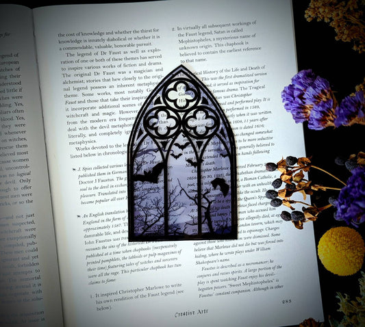 Clear Bookmark Cathedral Church Window Night Scene Bats Flying Forest Woods Purple Eerie Goth Gothic Halloween Horror Creepy Oddities
