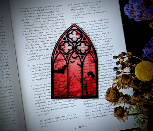Clear Bookmark Cathedral Church Window Night Scene Bats Flying Forest Woods Red Eerie Goth Gothic Halloween Horror Creepy Oddities