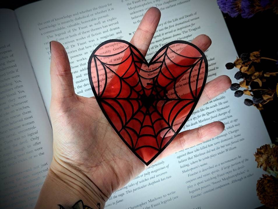 Clear Bookmark Valentine's Day Valloween Spiderweb Cobweb Heart Red Goth Gothic Horror Creepy Oddities