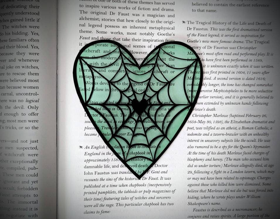 Clear Bookmark Valentine's Day Valloween Spiderweb Cobweb Heart Pastel Green Mint Green Goth Gothic Horror Creepy Oddities