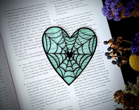 Clear Bookmark Valentine's Day Valloween Spiderweb Cobweb Heart Pastel Green Mint Green Goth Gothic Horror Creepy Oddities