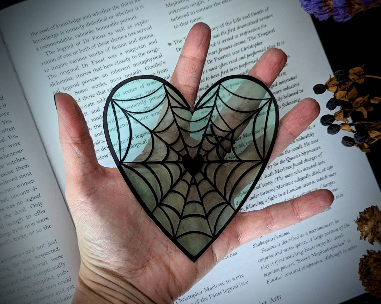 Clear Bookmark Valentine's Day Valloween Spiderweb Cobweb Heart Pastel Green Mint Green Goth Gothic Horror Creepy Oddities