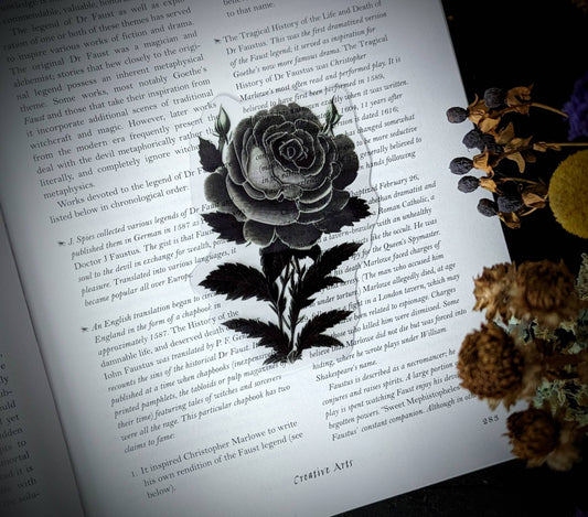 Clear Bookmark Vintage Illustration Black Rose Flower Floral Victorian Goth Gothic Dark Academia Fairycore Cottagecore Witchcore