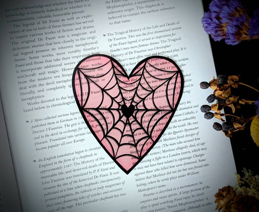 Clear Bookmark Valentine's Day Valloween Spiderweb Cobweb Heart Pastel Pale Pink Goth Gothic Horror Creepy Oddities