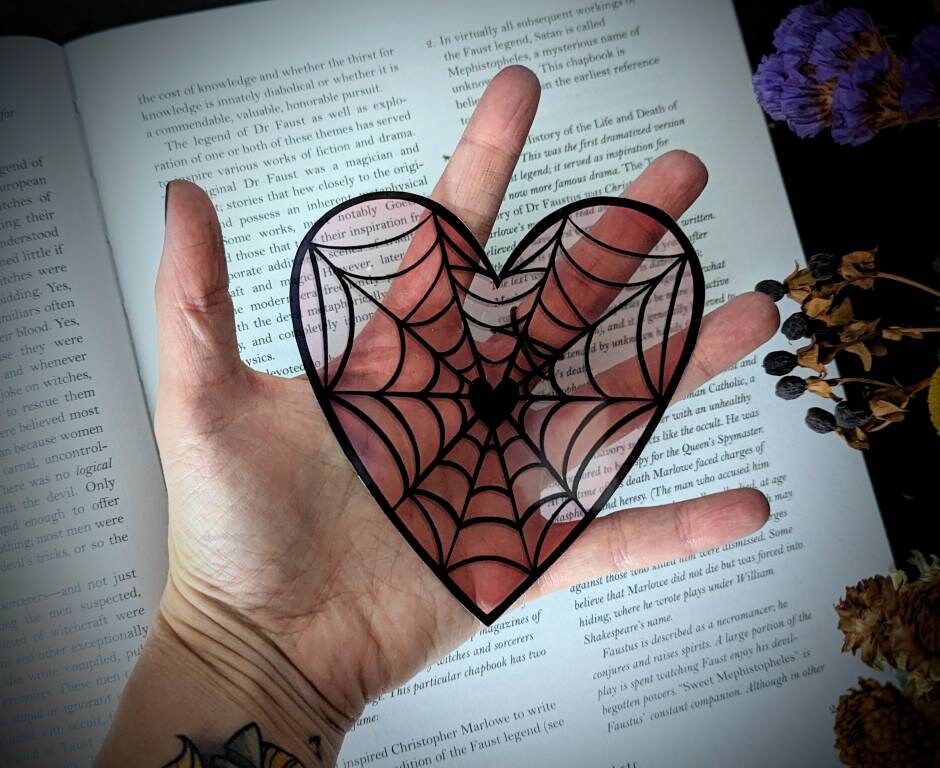 Clear Bookmark Valentine's Day Valloween Spiderweb Cobweb Heart Pastel Pale Pink Goth Gothic Horror Creepy Oddities