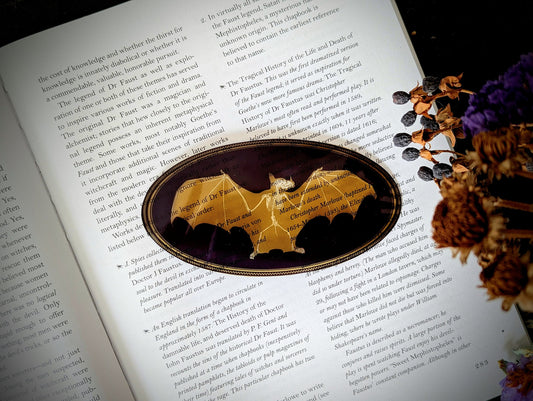 Clear Bookmark Bat Skeleton Gold Frame Victorian Baroque Goth Gothic Halloween Horror Creepy Oddities Unique Dark Weird