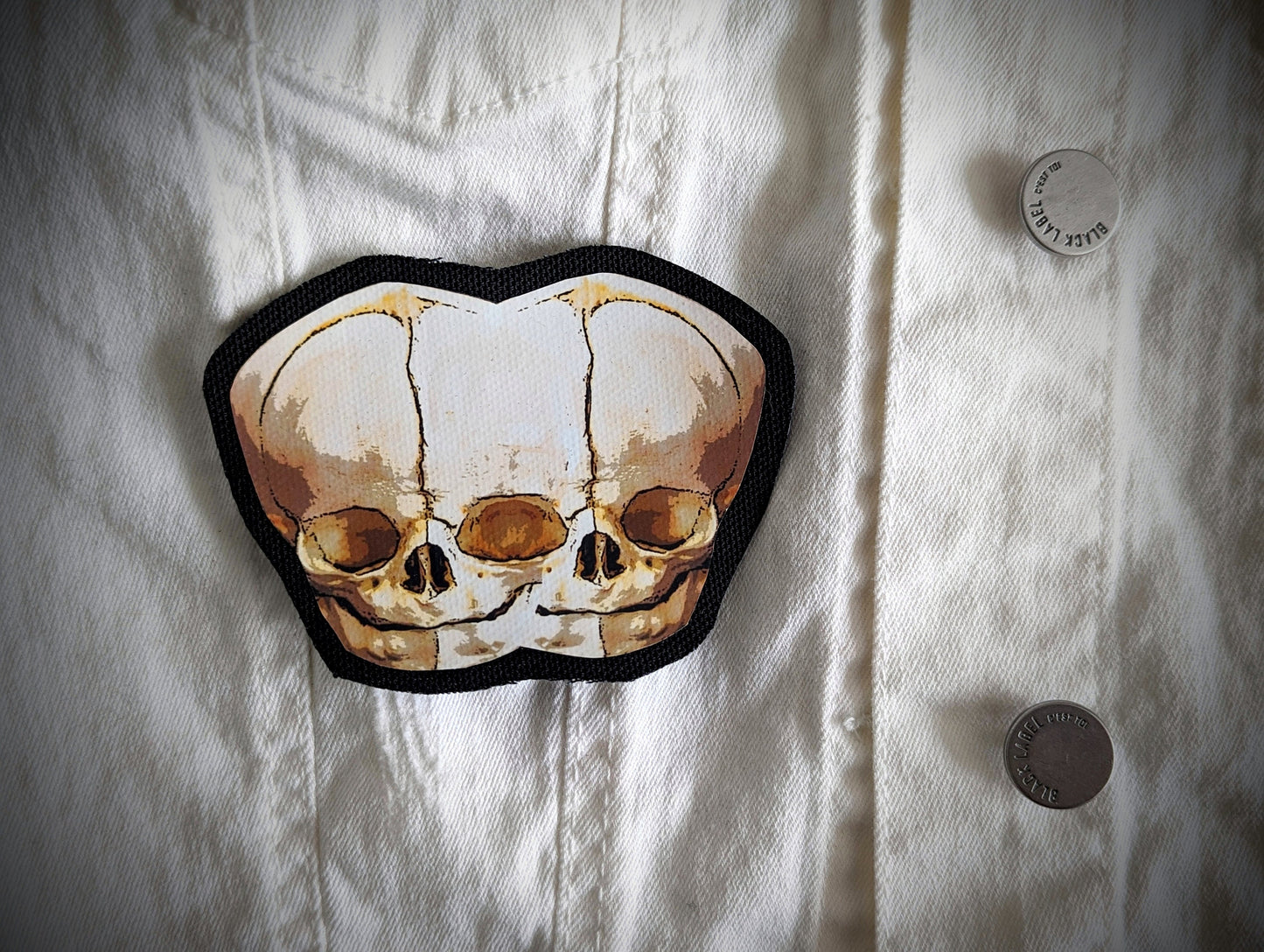 Sew-on Patch Conjoined Twin Skull Human Mutation Gothic Goth Horror Halloween Oddities Dark Academia Handmade Artist