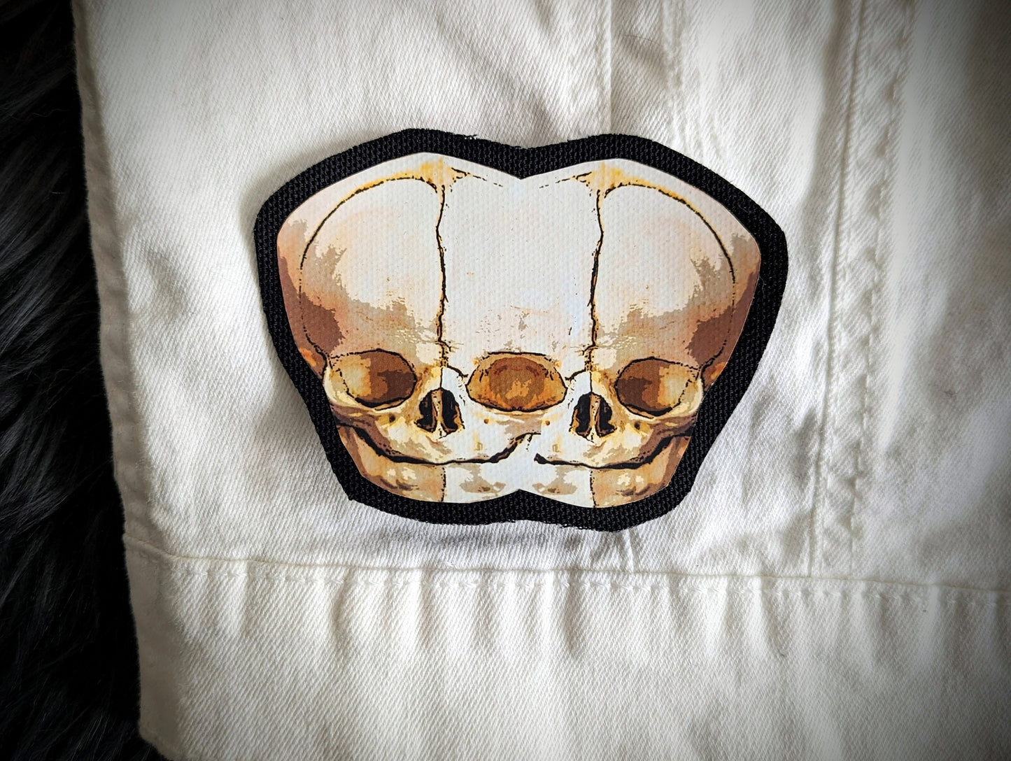 Sew-on Patch Conjoined Twin Skull Human Mutation Gothic Goth Horror Halloween Oddities Dark Academia Handmade Artist