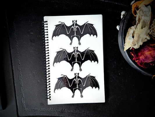Spiral Notebook Journal Lined Pages Black Bats Skeleton Anatomy Gothic Goth Horror Halloween Dark Academia Oddities Gift Handmade Artist