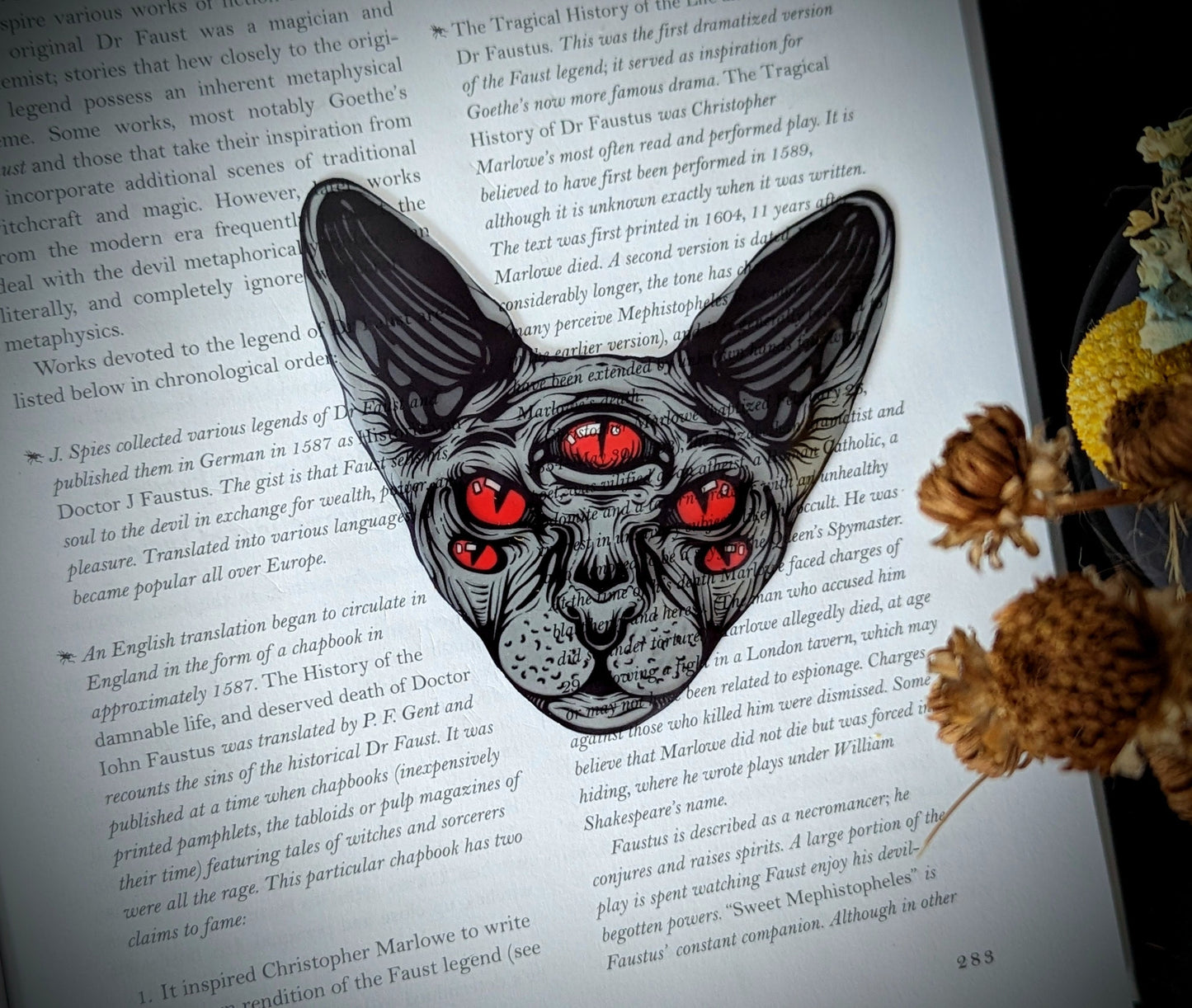 Clear Bookmark Hairless Sphinx Cat Feline Five Red Eyes Creepy Goth Gothic Halloween Horror Handmade Artist Book Lover Reader Gift