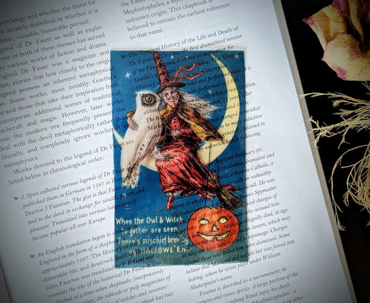 Clear Bookmark Vintage Halloween Card Witch Owl Moon Pumpkin Dark Academia Fairycore Cottagecore Witchcore Handmade Artist
