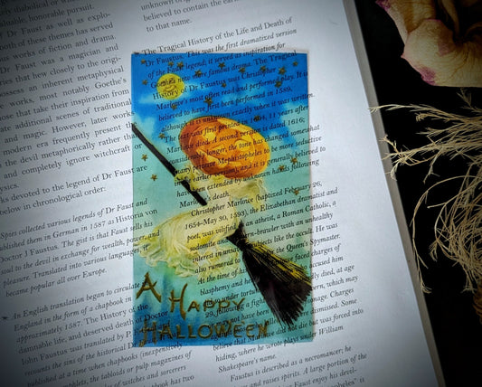 Clear Bookmark Vintage Halloween Card Witch Pumpkin Head Halloween Fall Autumn Dark Academia Fairycore Cottagecore Witchcore Handmade Artist