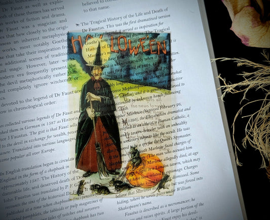 Clear Bookmark Vintage Halloween Card Witch Rats Halloween Fall Autumn Dark Academia Fairycore Cottagecore Witchcore Handmade Artist