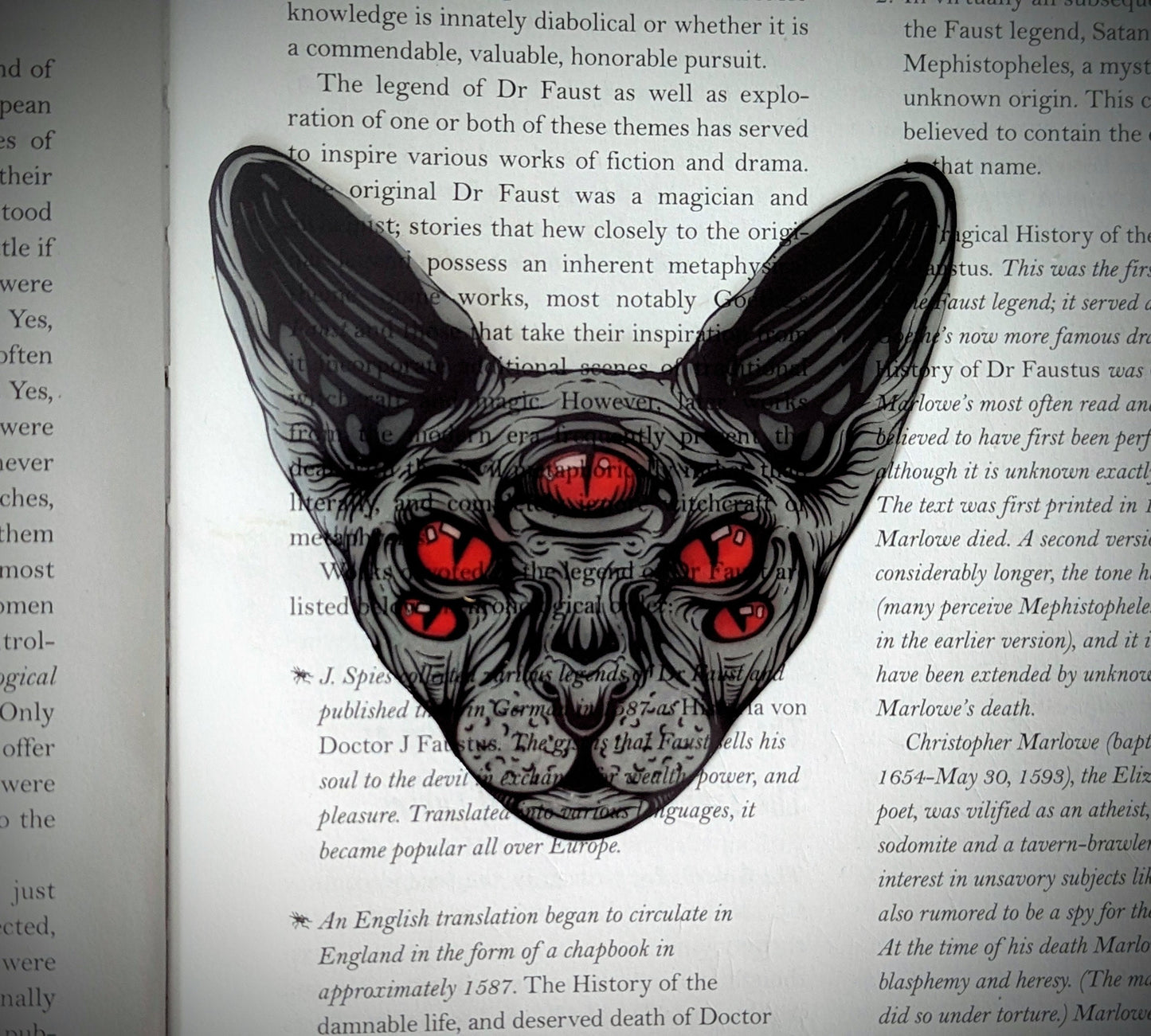 Clear Bookmark Hairless Sphinx Cat Feline Five Red Eyes Creepy Goth Gothic Halloween Horror Handmade Artist Book Lover Reader Gift