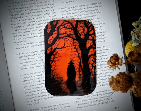 Clear Bookmark Witch Walking In Haunted Woods Forest Night Goth Gothic Halloween Horror Dark Academia Handmade Artist Book Reader Lover Gift