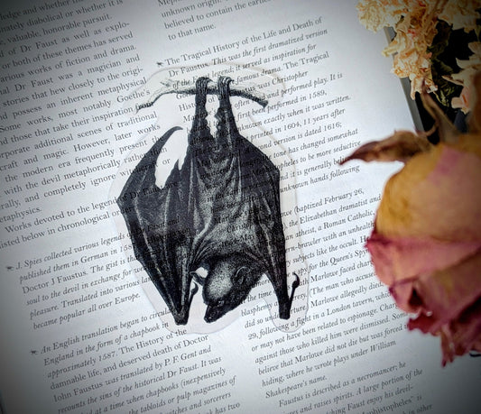 Clear Bookmark Hanging Bat Goth Gothic Halloween Horror Creepy Dark Academia Cottagecore Fairycore Handmade Artist Book Lover Reader Gift